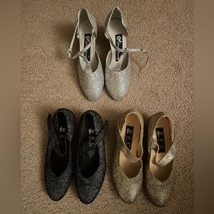 Sparkly dance shoes in silver, black and 
Gold.